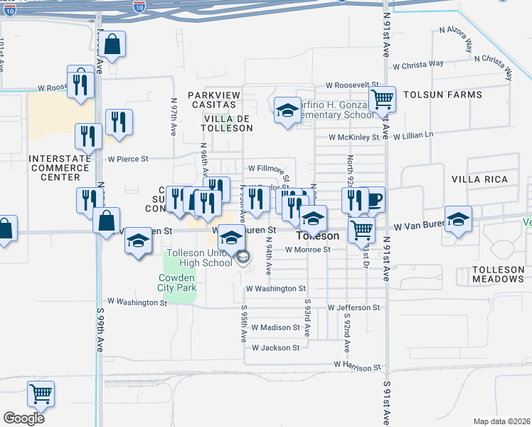map of restaurants, bars, coffee shops, grocery stores, and more near 9408 West Polk Street in Tolleson