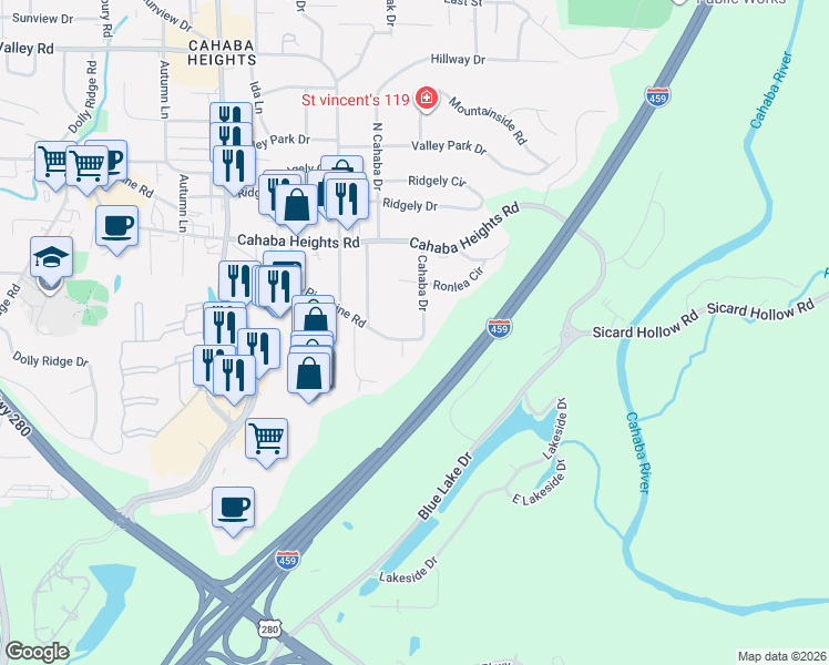 map of restaurants, bars, coffee shops, grocery stores, and more near 4244 Cahaba Drive in Vestavia Hills
