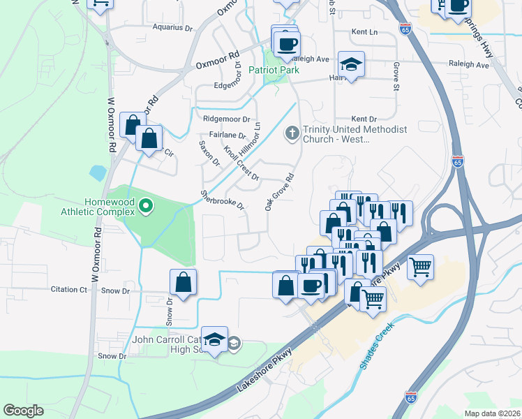 map of restaurants, bars, coffee shops, grocery stores, and more near 1000 Oak Grove Road in Birmingham