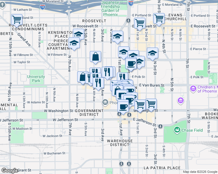 map of restaurants, bars, coffee shops, grocery stores, and more near 202 West Van Buren Street in Phoenix