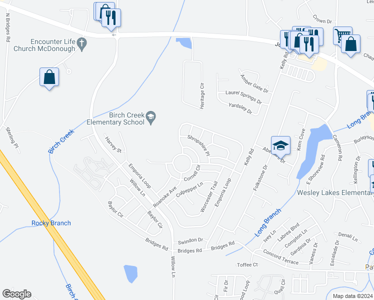 map of restaurants, bars, coffee shops, grocery stores, and more near 2435 Cornell Circle in McDonough