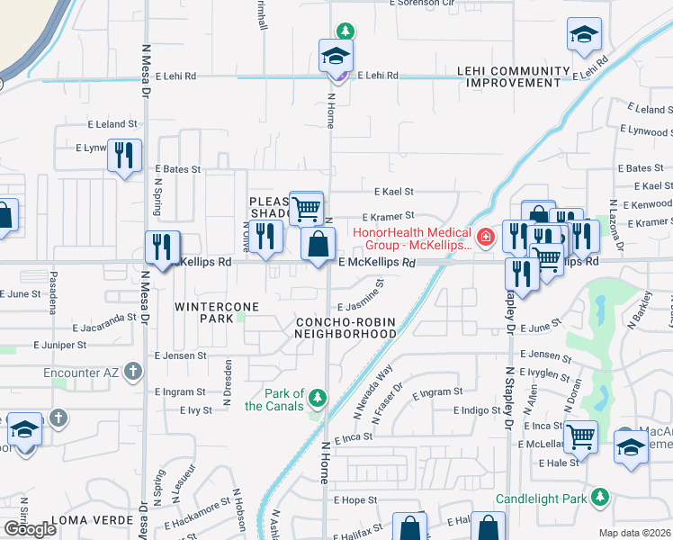 map of restaurants, bars, coffee shops, grocery stores, and more near 1955 North Horne in Mesa