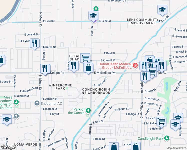 map of restaurants, bars, coffee shops, grocery stores, and more near 1955 North Horne in Mesa