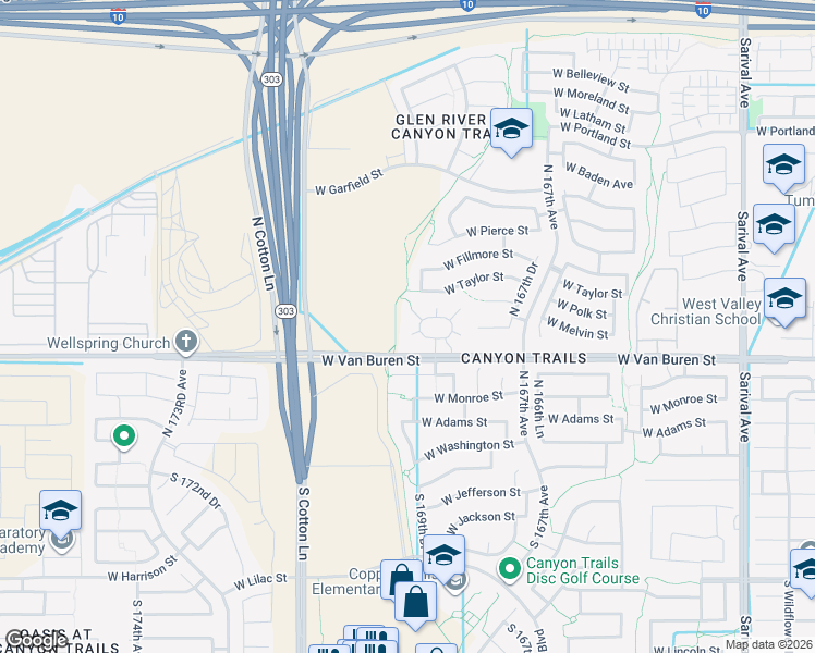 map of restaurants, bars, coffee shops, grocery stores, and more near 376 North 169th Avenue in Goodyear
