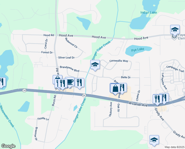map of restaurants, bars, coffee shops, grocery stores, and more near Brandywine Boulevard in Fayetteville
