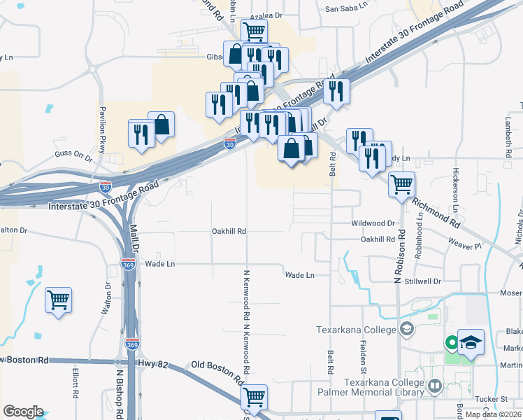 map of restaurants, bars, coffee shops, grocery stores, and more near 816 North Kenwood Road in Texarkana