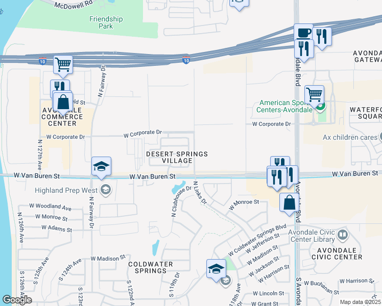 map of restaurants, bars, coffee shops, grocery stores, and more near 513 North 119th Drive in Avondale