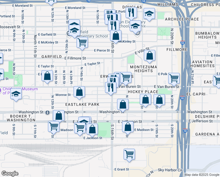 map of restaurants, bars, coffee shops, grocery stores, and more near 1510 East Van Buren Street in Phoenix