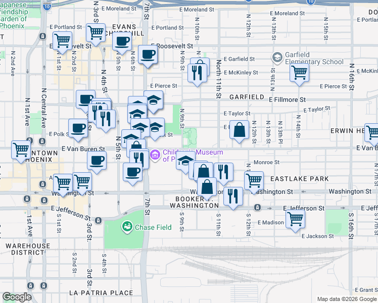 map of restaurants, bars, coffee shops, grocery stores, and more near in Phoenix