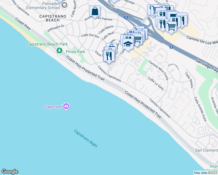 map of restaurants, bars, coffee shops, grocery stores, and more near 35211 Beach Road in Dana Point