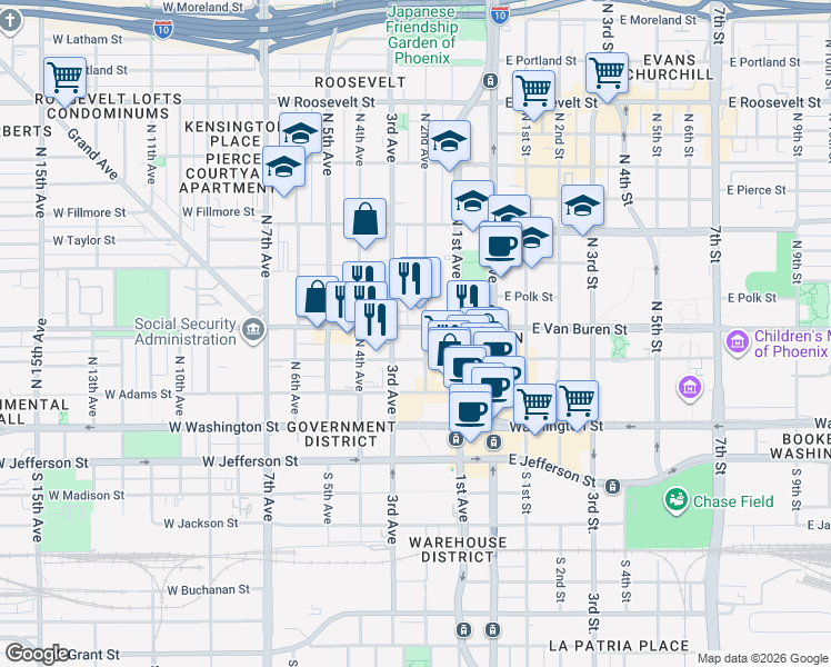 map of restaurants, bars, coffee shops, grocery stores, and more near 202 West Van Buren Street in Phoenix