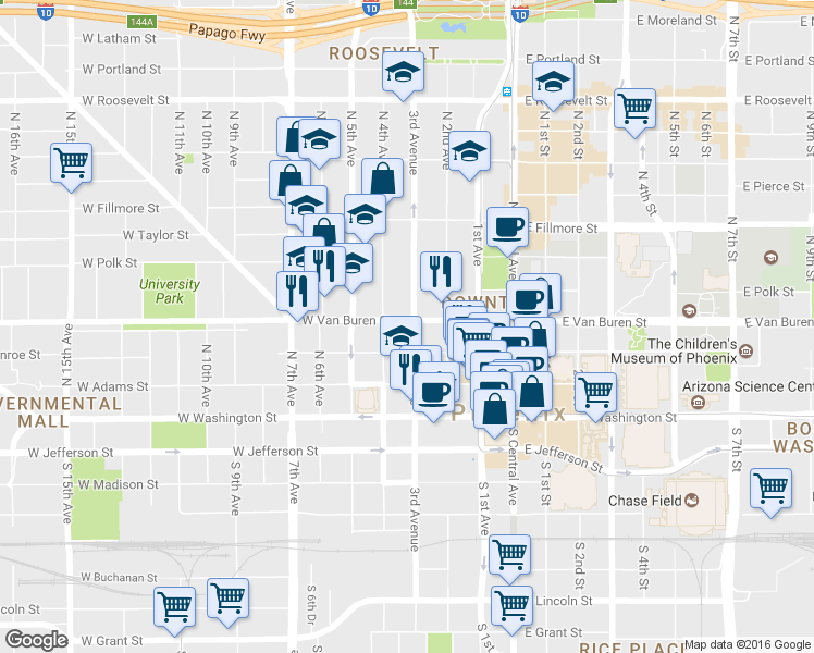map of restaurants, bars, coffee shops, grocery stores, and more near 322w West Van Buren Street in Phoenix