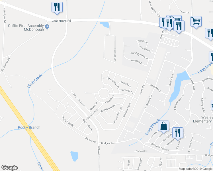 map of restaurants, bars, coffee shops, grocery stores, and more near 2435 Cornell Circle in McDonough