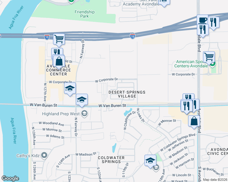 map of restaurants, bars, coffee shops, grocery stores, and more near 12038 West Fillmore Street in Avondale