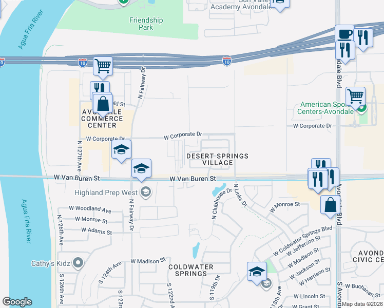 map of restaurants, bars, coffee shops, grocery stores, and more near 12038 West Fillmore Street in Avondale