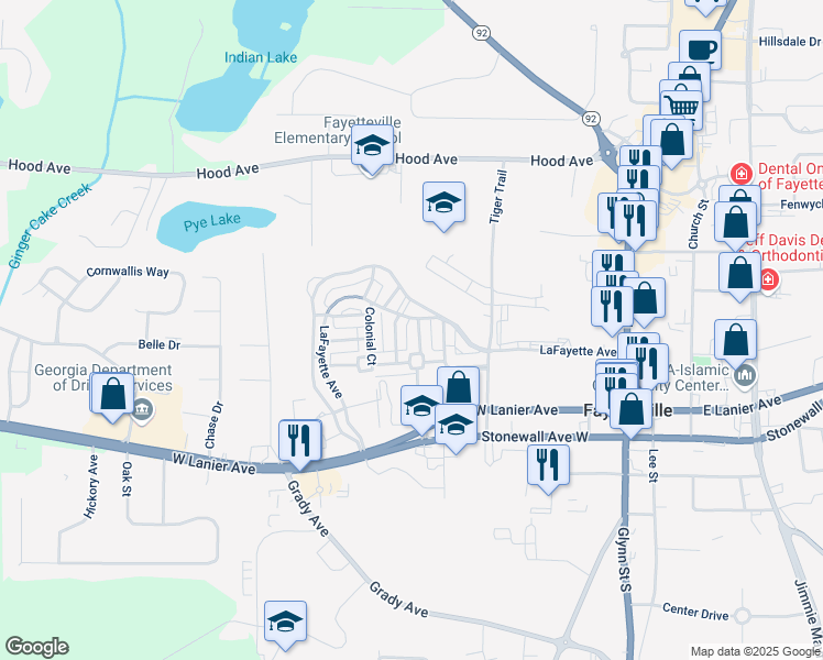 map of restaurants, bars, coffee shops, grocery stores, and more near 115 Clandon Park Terrace in Fayetteville