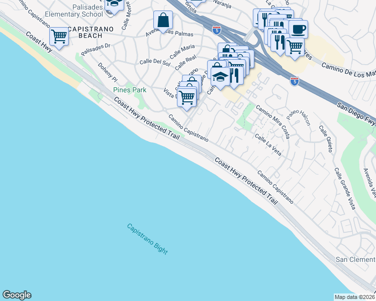 map of restaurants, bars, coffee shops, grocery stores, and more near 35211 Beach Road in Dana Point