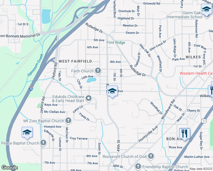 map of restaurants, bars, coffee shops, grocery stores, and more near 801 11th Avenue in Midfield