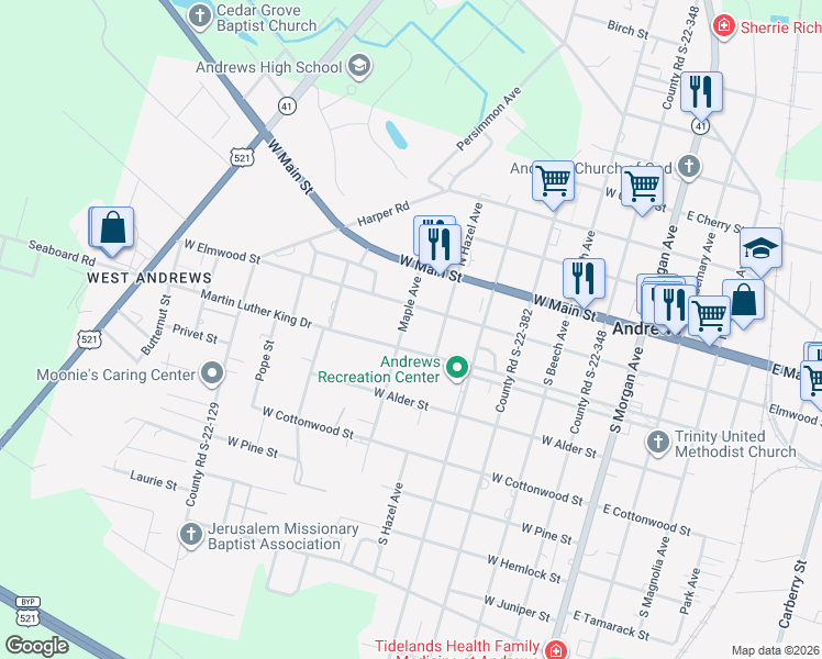 map of restaurants, bars, coffee shops, grocery stores, and more near 109 South Maple Avenue in Andrews