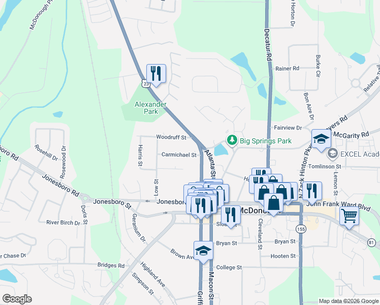 map of restaurants, bars, coffee shops, grocery stores, and more near 27 Carmichael Street in McDonough