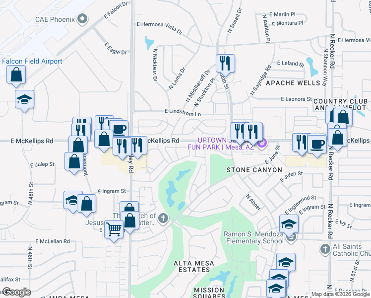 map of restaurants, bars, coffee shops, grocery stores, and more near 5415 East McKellips Road in Mesa