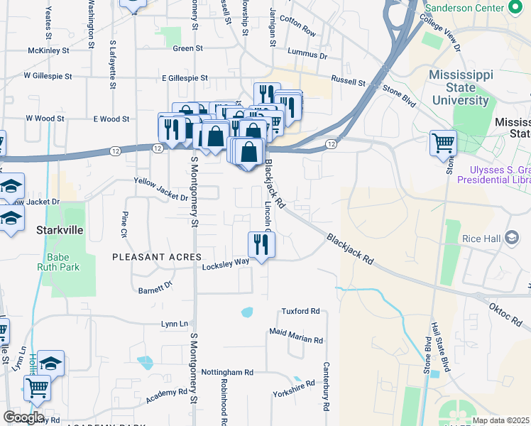 map of restaurants, bars, coffee shops, grocery stores, and more near 233 Lincoln Green in Starkville