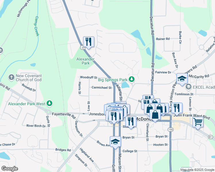 map of restaurants, bars, coffee shops, grocery stores, and more near 27 Carmichael Street in McDonough