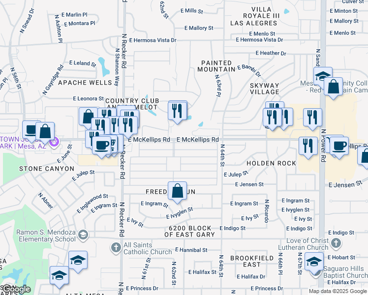 map of restaurants, bars, coffee shops, grocery stores, and more near 6209 East McKellips Road in Mesa