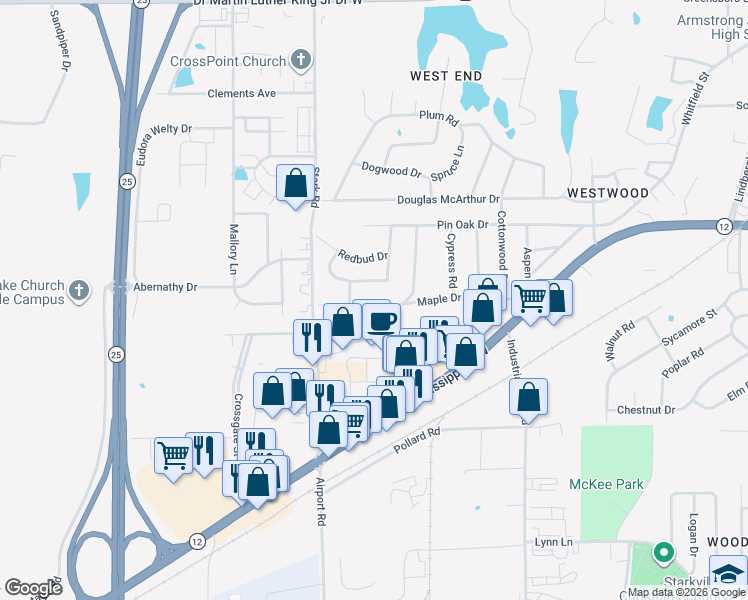 map of restaurants, bars, coffee shops, grocery stores, and more near 710 Birch Drive in Starkville