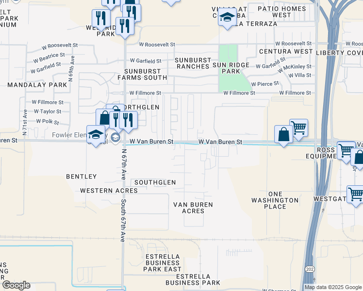 map of restaurants, bars, coffee shops, grocery stores, and more near 6445 West Van Buren Street in Phoenix