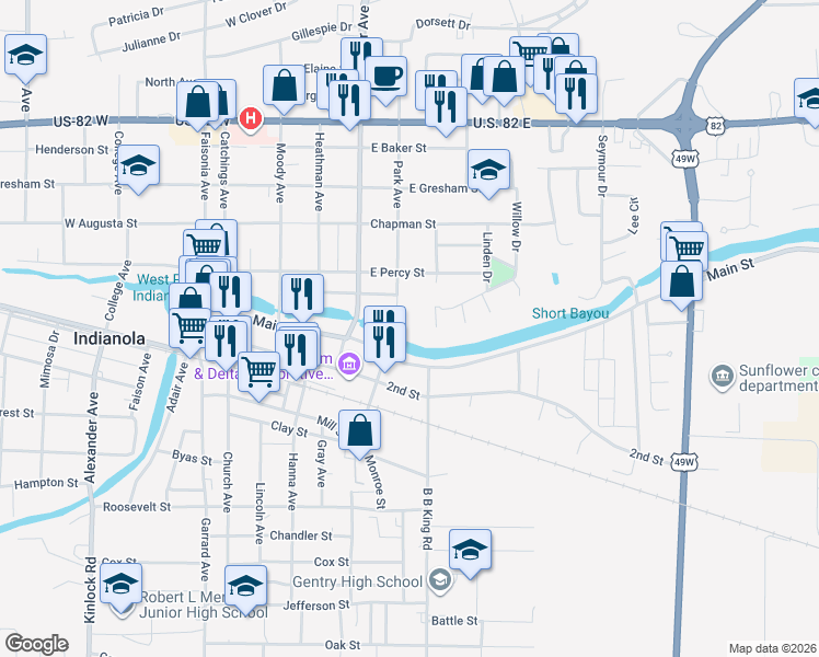 map of restaurants, bars, coffee shops, grocery stores, and more near 100 Park Avenue in Indianola