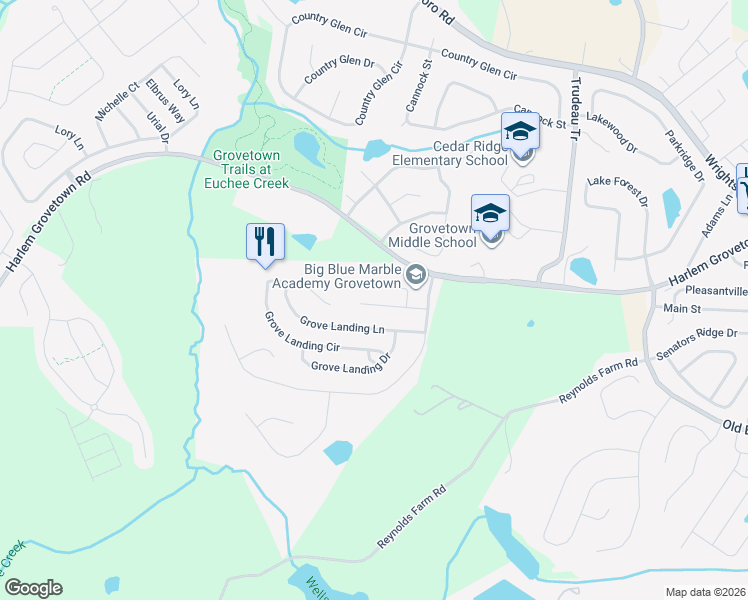 map of restaurants, bars, coffee shops, grocery stores, and more near 829 Landing Drive in Grovetown