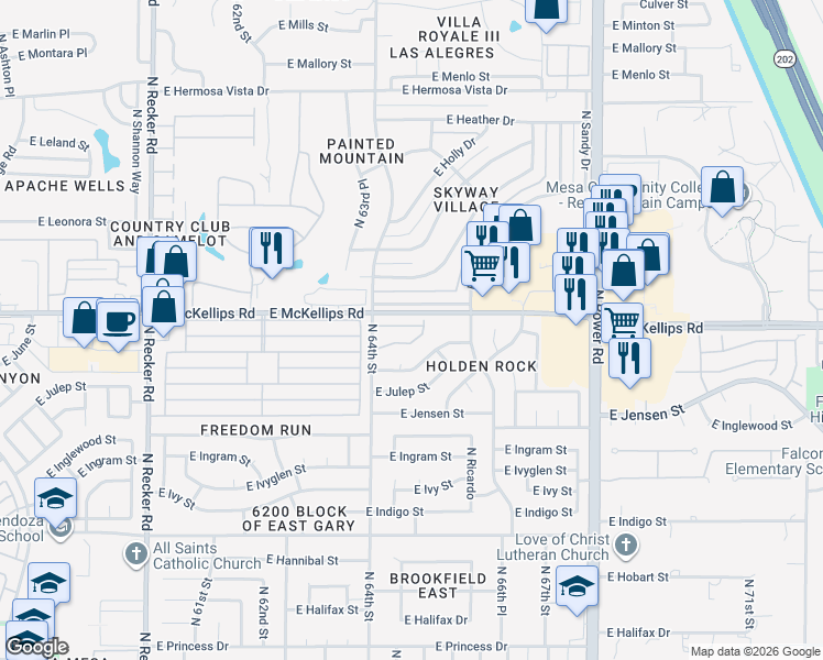 map of restaurants, bars, coffee shops, grocery stores, and more near East McKellips Road in Mesa