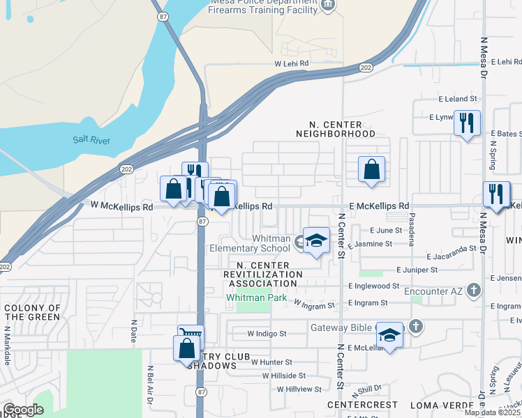 map of restaurants, bars, coffee shops, grocery stores, and more near 205 West McKellips Road in Mesa