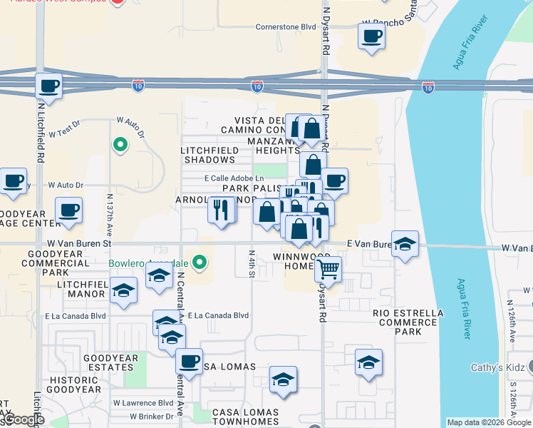 map of restaurants, bars, coffee shops, grocery stores, and more near 1506 North La Fresa Drive in Goodyear