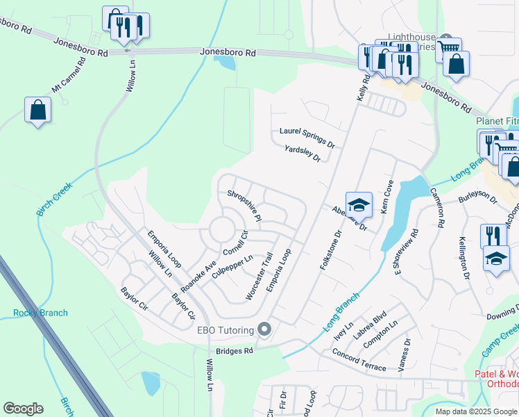 map of restaurants, bars, coffee shops, grocery stores, and more near 2528 Shropshire Place in McDonough