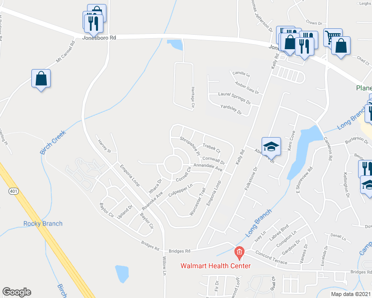 map of restaurants, bars, coffee shops, grocery stores, and more near 2424 Cornell Circle in McDonough