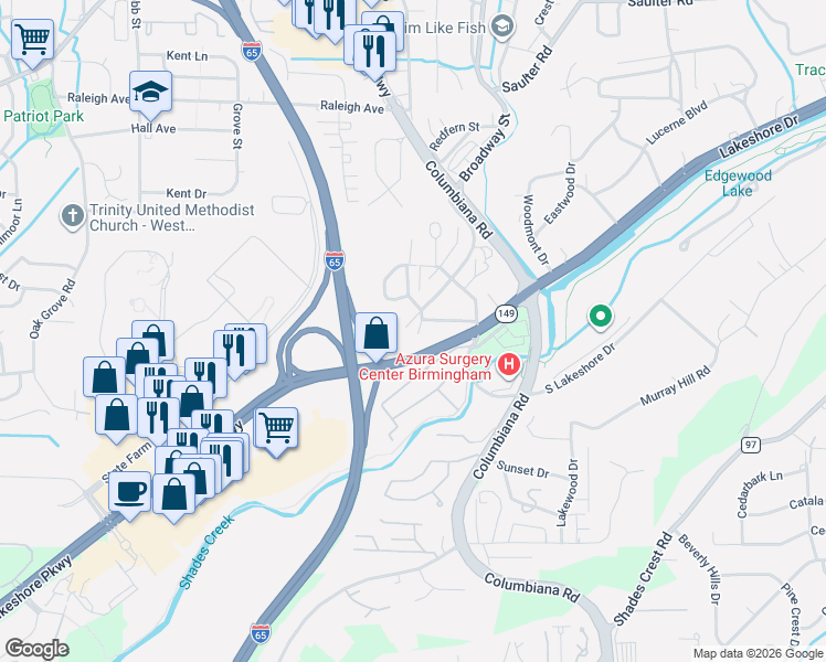 map of restaurants, bars, coffee shops, grocery stores, and more near 1204 Ivy Brook Circle in Birmingham