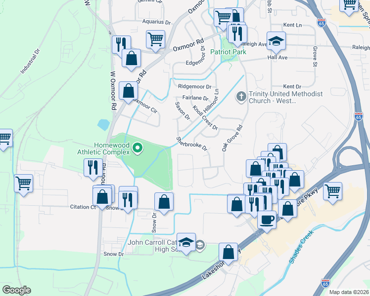 map of restaurants, bars, coffee shops, grocery stores, and more near 1044 Sherbrooke Drive in Birmingham