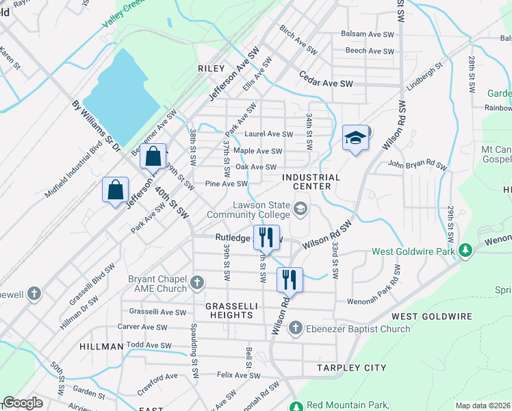 map of restaurants, bars, coffee shops, grocery stores, and more near 3613 Mineral Avenue Southwest in Birmingham