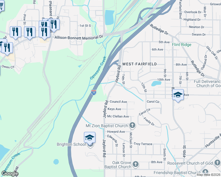 map of restaurants, bars, coffee shops, grocery stores, and more near 1204 15th Street in Birmingham
