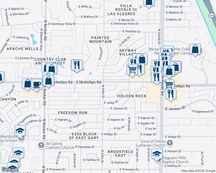 map of restaurants, bars, coffee shops, grocery stores, and more near 1951 North 64th Street in Mesa