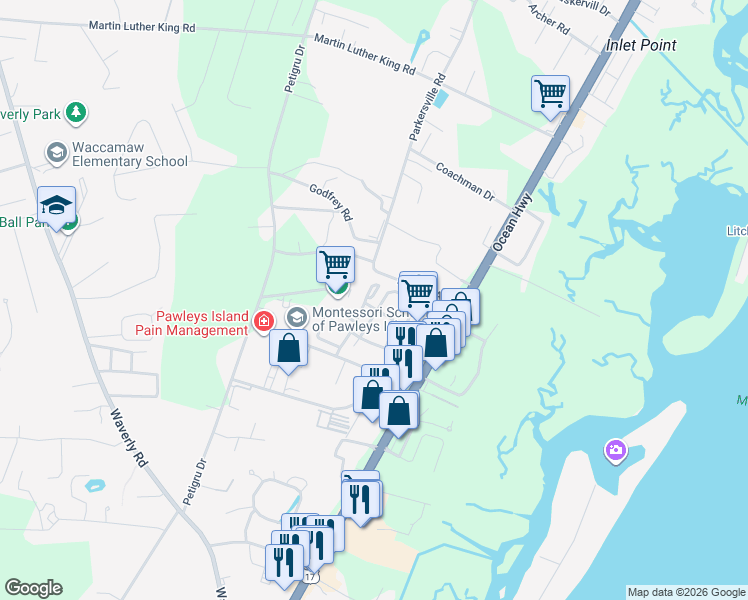 map of restaurants, bars, coffee shops, grocery stores, and more near 63 Pembroke Lane in Pawleys Island
