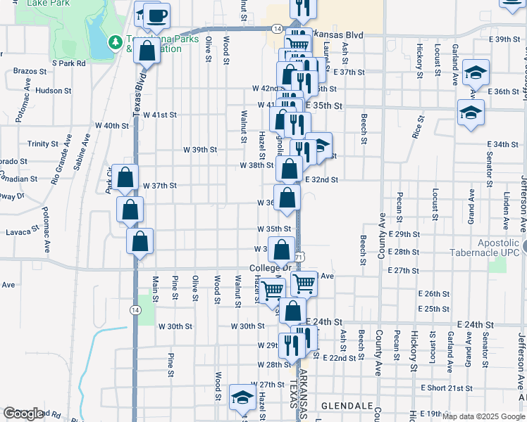 map of restaurants, bars, coffee shops, grocery stores, and more near 3510 Hazel Street in Texarkana