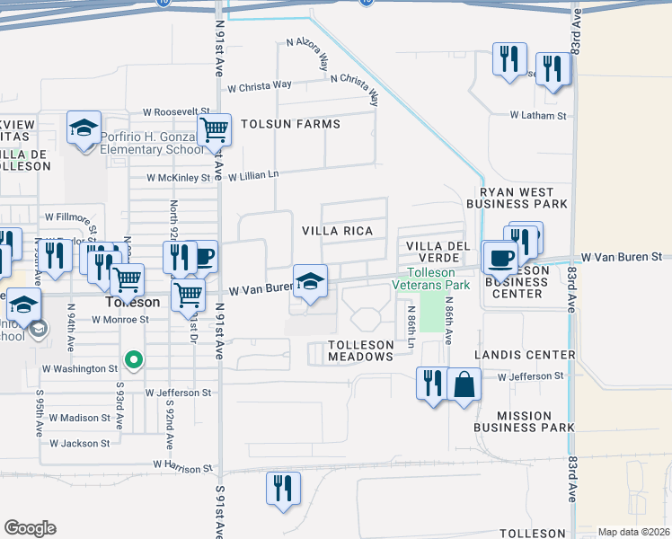 map of restaurants, bars, coffee shops, grocery stores, and more near 8717 West Stanley A Goff Drive in Tolleson