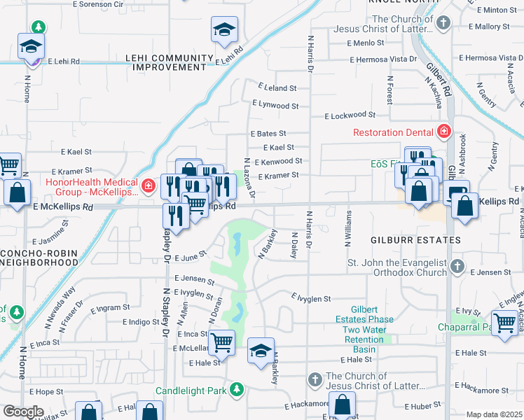 map of restaurants, bars, coffee shops, grocery stores, and more near 1440 East Julep Street in Mesa