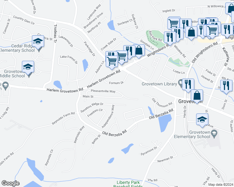 map of restaurants, bars, coffee shops, grocery stores, and more near 7617 Pleasantville Way in Grovetown