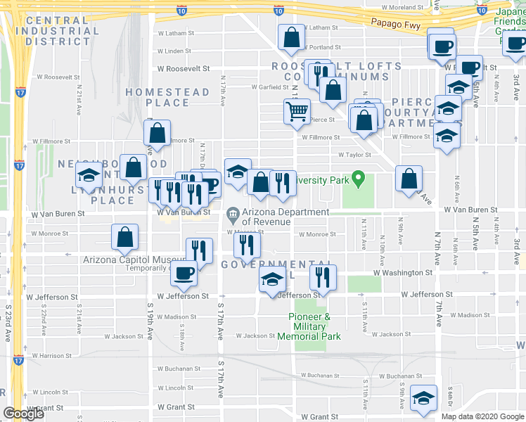 map of restaurants, bars, coffee shops, grocery stores, and more near 1555 West Van Buren Street in Phoenix