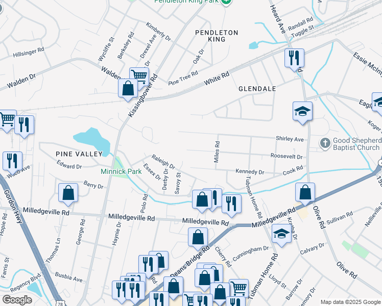 map of restaurants, bars, coffee shops, grocery stores, and more near 2136 Roosevelt Drive in Augusta