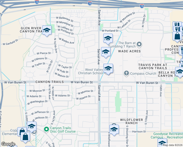 map of restaurants, bars, coffee shops, grocery stores, and more near 16450 West Van Buren Street in Goodyear